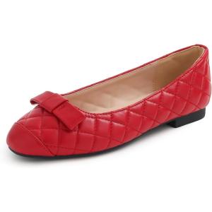 image:imageFEVERSOLE Womens Square Toe Fashion Bow Tie Dress Slip On Ballet FlatsRed Quilted Toe Cap