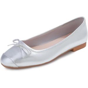 image:imageFEVERSOLE Womens Square Toe Fashion Bow Tie Dress Slip On Ballet FlatsSilver Plain Toe Cap