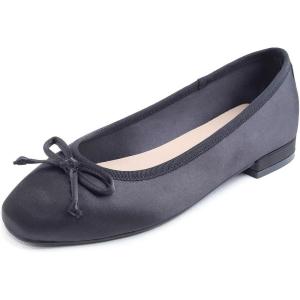 image:imageFEVERSOLE Womens Square Toe Low Heel Flats Silky Soft Elegant Shiny Dress Pump ShoesBlack Satin