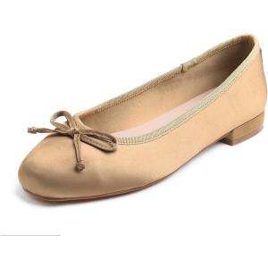 image:imageFEVERSOLE Womens Square Toe Low Heel Flats Silky Soft Elegant Shiny Dress Pump ShoesLight Camel Satin