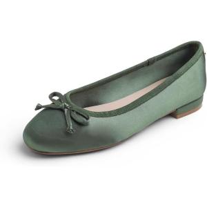 image:imageFEVERSOLE Womens Square Toe Low Heel Flats Silky Soft Elegant Shiny Dress Pump ShoesOlive Satin