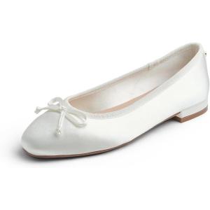 image:imageFEVERSOLE Womens Square Toe Low Heel Flats Silky Soft Elegant Shiny Dress Pump ShoesWhite Satin