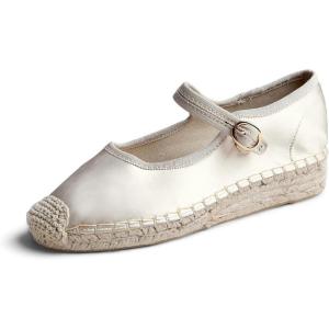 image:imageFeversole Close Toe Hand Stitching Espadrilles Womens Comfort Breathable Ankle Strap Low Heel WedgeBeige Satin Jute Mary Jane