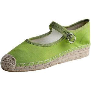 image:imageFeversole Close Toe Hand Stitching Espadrilles Womens Comfort Breathable Ankle Strap Low Heel WedgeGrass Green Linen Jute Mary Jane