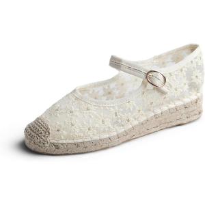 image:imageFeversole Crochet Mesh Hand Stitching Espadrilles Womens Comfort Breathable Ankle Strap Low Heel WedgeBeige Lace Jute Mary Jane
