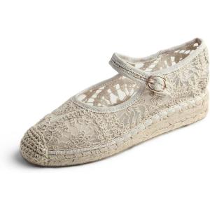 image:imageFeversole Crochet Mesh Hand Stitching Espadrilles Womens Comfort Breathable Ankle Strap Low Heel WedgeDark Beige Crochet Jute Mary Jane