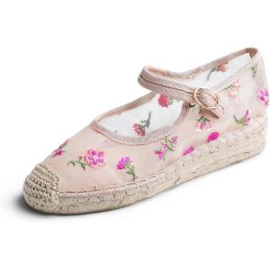 image:imageFeversole Crochet Mesh Hand Stitching Espadrilles Womens Comfort Breathable Ankle Strap Low Heel WedgeNude Embroidery Jute Mary Jane