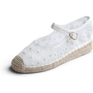 image:imageFeversole Crochet Mesh Hand Stitching Espadrilles Womens Comfort Breathable Ankle Strap Low Heel WedgeWhite Lace Jute Mary Jane