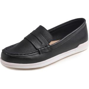 image:imageFEVERSOLE Comfort Womens Leather Daily Loafer Driving Flats Flexible Walking Boat ShoesBlack Vegan Grain Leather