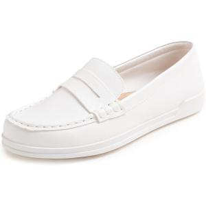 image:imageFEVERSOLE Comfort Womens Leather Daily Loafer Driving Flats Flexible Walking Boat ShoesWhite Vegan Grain Leather