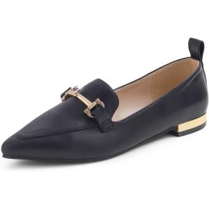 image:imageFEVERSOLE Womens Loafer Flat Pointed Deco Low Heel Fashion Slip On Dress Driving Office ShoesBlack Vegan Leather Metal Trim