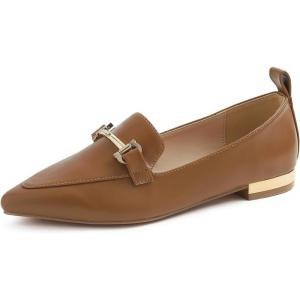 image:imageFEVERSOLE Womens Loafer Flat Pointed Deco Low Heel Fashion Slip On Dress Driving Office ShoesCamel Vegan Leather Metal Trim