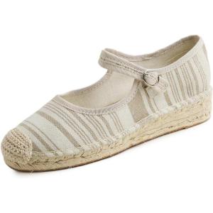 image:imageFEVERSOLE Close Toe Espadrilles Womens Comfort Breathable Ankle Strap Low Heel WedgeNatural Stripe Jute Mary Jane