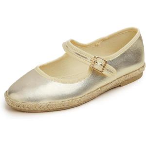 image:imageFEVERSOLE Womens Comfort Espadrilles Mary Jane Close Toe Jute Trim Slip On Flats ShoesGold Vegan Leather Jute Mary