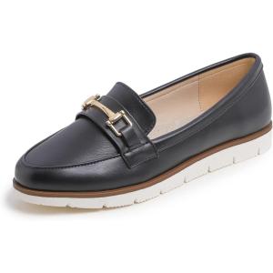 image:imageFEVERSOLE Womens Comfort Penny Loafer Geniune Leather Insole Flexible Walking Driving ShoesBlack Vegan Plain Leather Golden Buckle