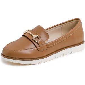 image:imageFEVERSOLE Womens Comfort Penny Loafer Geniune Leather Insole Flexible Walking Driving ShoesCamel Vegan Plain Leather Golden Buckle