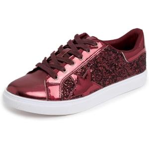image:imageFEVERSOLE Womens Fashion Lace Up Dress Sneakers Sparkly Party Shiny ShoesBurgundy Glitter Star Laceup 1405