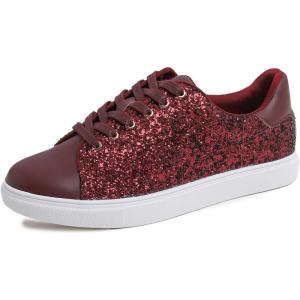 image:imageFEVERSOLE Womens Fashion Lace Up Dress Sneakers Sparkly Party Shiny ShoesBurgundy Red Glitter Laceup 1405