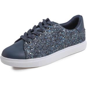 image:imageFEVERSOLE Womens Fashion Lace Up Dress Sneakers Sparkly Party Shiny ShoesNight Blue Glitter Laceup 1405