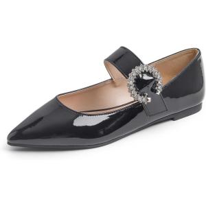 image:imageFEVERSOLE Womens Pointed Mary Jane Shoes Fashion Strap Buckle Slip On FlatsMaryjane Black Patent Rhinestone Buckle