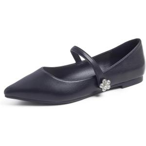 image:imageFEVERSOLE Womens Pointed Mary Jane Shoes Fashion Strap Buckle Slip On FlatsMaryjane Black Vegan Leather Flower Buckle