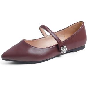 image:imageFEVERSOLE Womens Pointed Mary Jane Shoes Fashion Strap Buckle Slip On FlatsMaryjane Burgundy Vegan Leather Flower Buckle