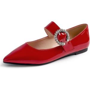 image:imageFEVERSOLE Womens Pointed Mary Jane Shoes Fashion Strap Buckle Slip On FlatsMaryjane Red Patent Rhinestone Buckle
