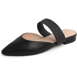 image:imageFEVERSOLE Womens Pointed Toe Fashion Mules Low Heel Flats Casual Summer SlideBlack Vegan Leather Raffia Strap