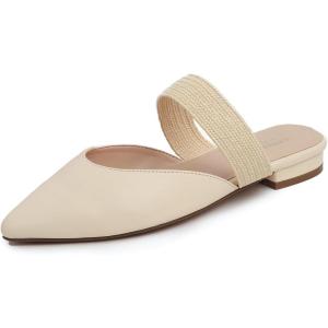 image:imageFEVERSOLE Womens Pointed Toe Fashion Mules Low Heel Flats Casual Summer SlideIvory Vegan Leather Raffia Strap