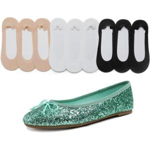 image:imageFEVERSOLE Womens Shiny Ballet Flat Glitter Jade Green Size 85 M US Bound with No Show Socks Women Low Cut Silky Thin Socks 3 Colors 9 Pairs