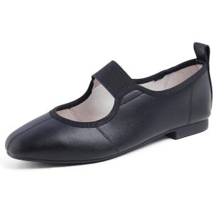 image:imageFEVERSOLE Womens Cushion Padded Comfort Square Toe Soft Mary Jane Dressy Elastic Strap Easy Slip on Work Office FlatsSq Black Vegan Elastic Mary Jane