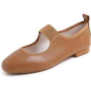 image:imageFEVERSOLE Womens Cushion Padded Comfort Square Toe Soft Mary Jane Dressy Elastic Strap Easy Slip on Work Office FlatsSq Camel Vegan Elastic Mary Jane