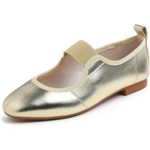 image:imageFEVERSOLE Womens Cushion Padded Comfort Square Toe Soft Mary Jane Dressy Elastic Strap Easy Slip on Work Office FlatsSq Gold Vegan Elastic Mary Jane