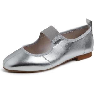 image:imageFEVERSOLE Womens Cushion Padded Comfort Square Toe Soft Mary Jane Dressy Elastic Strap Easy Slip on Work Office FlatsSq Silver Vegan Elastic Mary Jane