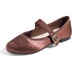 image:imageFEVERSOLE Womens Soft Cushion Extra Padded Comfort Round Toe Mary Jane Metal Buckle Fashion Ballet Flats Walking ShoesBrown Satin Mary Jane