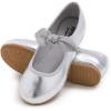 image:imageFEVERSOLE Girls Cute Dress Mary Jane Shoes Little Kids Casual Buckle Strap FlatsVegan Leather Bow Elastic Maryjane Silver