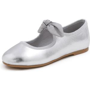 image:imageFEVERSOLE Girls Cute Dress Mary Jane Shoes Little Kids Casual Buckle Strap FlatsVegan Leather Bow Elastic Maryjane Silver
