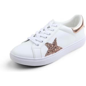image:imageFEVERSOLE Womens Featured PU Leather Colorful Lace Up SneakerWhite Glitter Rose Gold Star