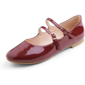 image:imageFEVERSOLE Womens Mary Jane Fashion Round Toe Double Straps Slip On FlatsMaryjane Two Straps Burgundy Patent
