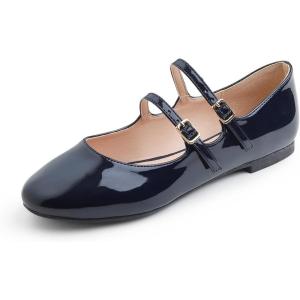 image:imageFEVERSOLE Womens Mary Jane Fashion Round Toe Double Straps Slip On FlatsMaryjane Two Straps Dark Blue Patent