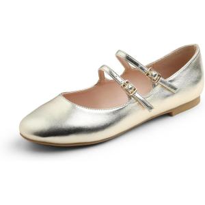 image:imageFEVERSOLE Womens Mary Jane Fashion Round Toe Double Straps Slip On FlatsMaryjane Two Straps Gold