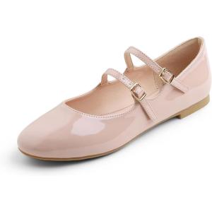 image:imageFEVERSOLE Womens Mary Jane Fashion Round Toe Double Straps Slip On FlatsMaryjane Two Straps Powder Nude Patent