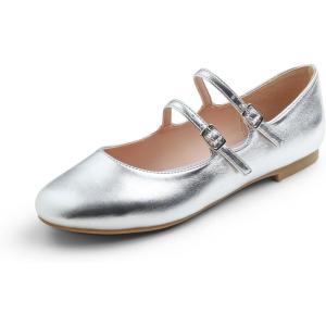 image:imageFEVERSOLE Womens Mary Jane Fashion Round Toe Double Straps Slip On FlatsMaryjane Two Straps Silver