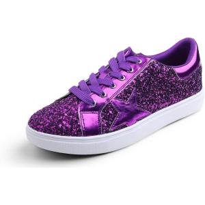 image:imageFEVERSOLE Womens Fashion Lace Up Dress Sneakers Sparkly Party Shiny ShoesPurple Glitter Star Laceup 1405