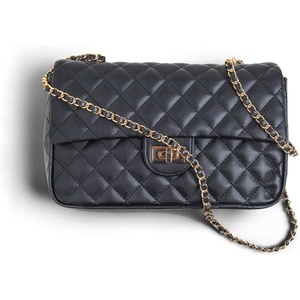 image:imageFEVERSOLE Crossbody Bag Vegan Leather Women Retro Small Saddle Satchel Shoulder Bag Tote With Long Adjustable StrapMedium Black Quilted Vegan Leather With Metal Chain