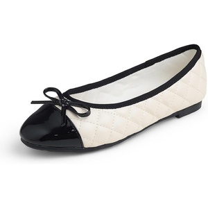 image:imageFEVERSOLE Womens Bow Tie Fashion Dress Slip On Shoes Round Toe Ballet FlatBeige Quilted Patent Toe Cap
