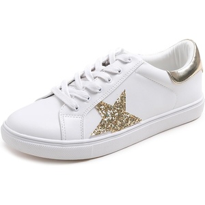 image:imageFEVERSOLE Womens Featured PU Leather Colorful Lace Up SneakerWhite Glitter Metallic Star