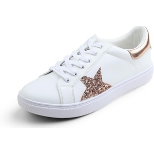 image:imageFEVERSOLE Womens Featured PU Leather Colorful Lace Up SneakerWhite Glitter Rose Metallic Star