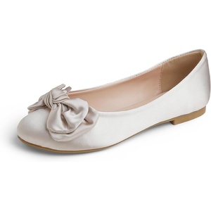 image:imageFEVERSOLE Womens Round Toe Soft Cute Dress Ballet FlatsBeige Satin Twist Bow