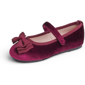 image:imageFEVERSOLE Girls Cute Dress Mary Jane Shoes Bow Tie Sunday Holiday Ballet FlatsBurgundy Velvet Tribow Maryjane